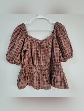 ANA Balloon Sleeve Peplum Plaid Babydoll Top Women Size PL Cottagecore Feminine